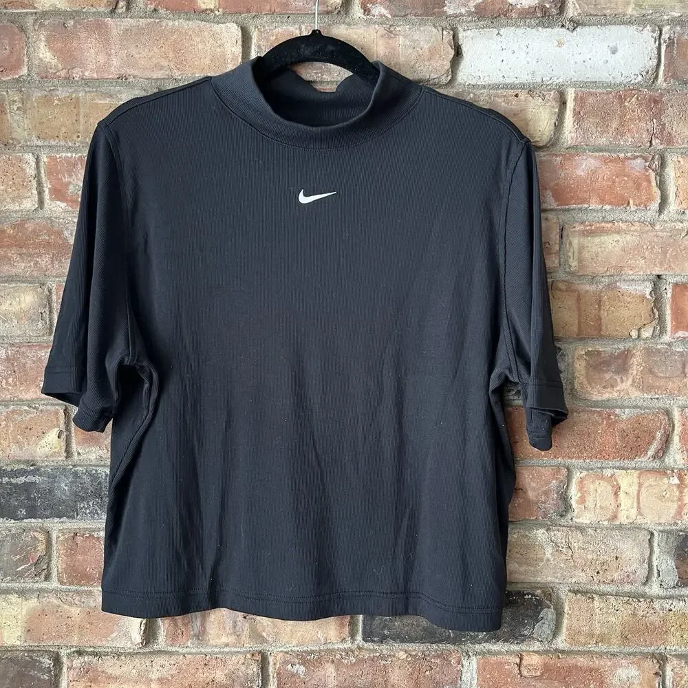 Nike Women's Sportswear Essential Ribbed Mock Neck Long Sleeve Top Black XL